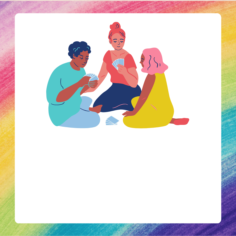 Drawing of three people playing cards, with caption '9 Board Games with LGBTQIA+ Themes'