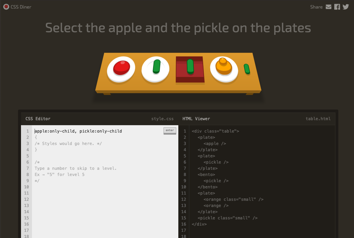 screenshot of CSS Diner coding game