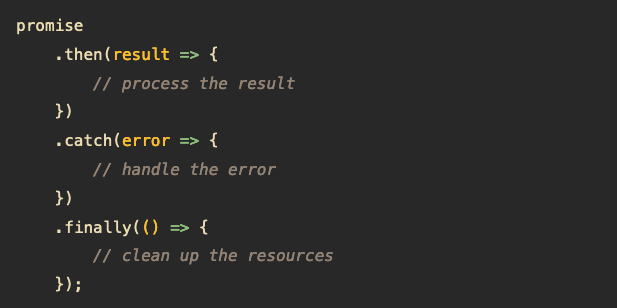 Screenshot of code showing Promise .finally() method