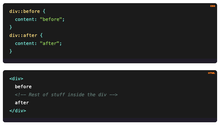 screenshot of code demonstrating how to use the ::before and ::after psuedo-elements